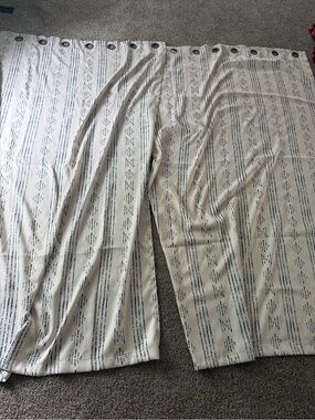 Neutral Stripe Grommet Curtains with Navy Stitching
